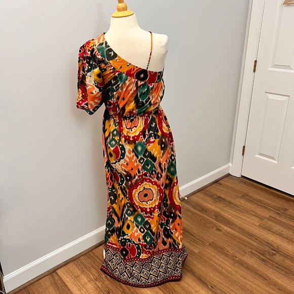 Angie One Shoulder Asymmetrical Colorful Festival Artsy Maxi Dress Sz S - Picture 3 of 11